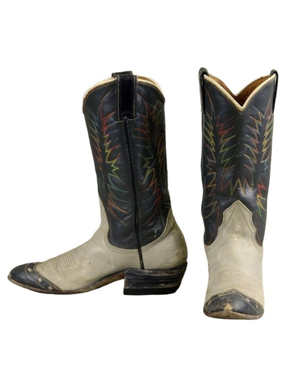 Vintage Nocona Cowboy Boots Gray Leather 4.5 B Distressed Rainbow Stitching